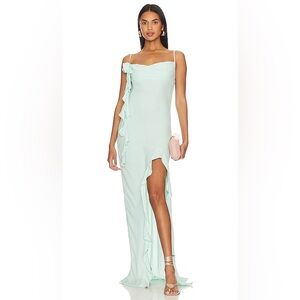 AFRM x Revolve Flower Ruffle Slit Maxi Dress in Ice Blue
